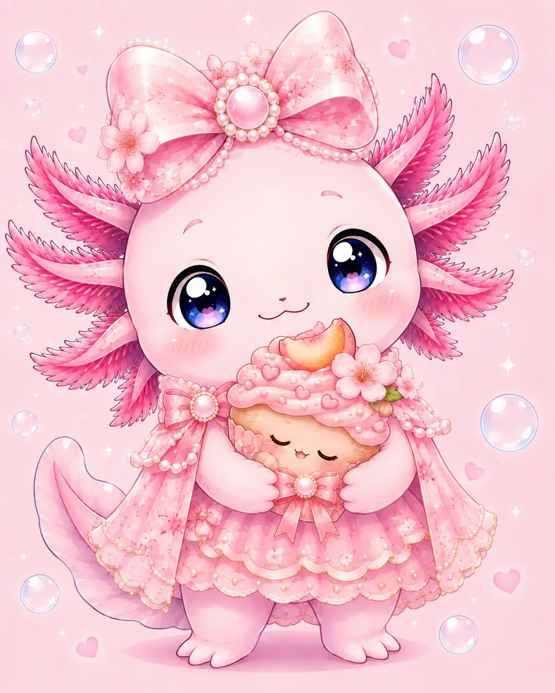Peachy Axolotl, a pink axolotl in a pearl bow holding a cupcake