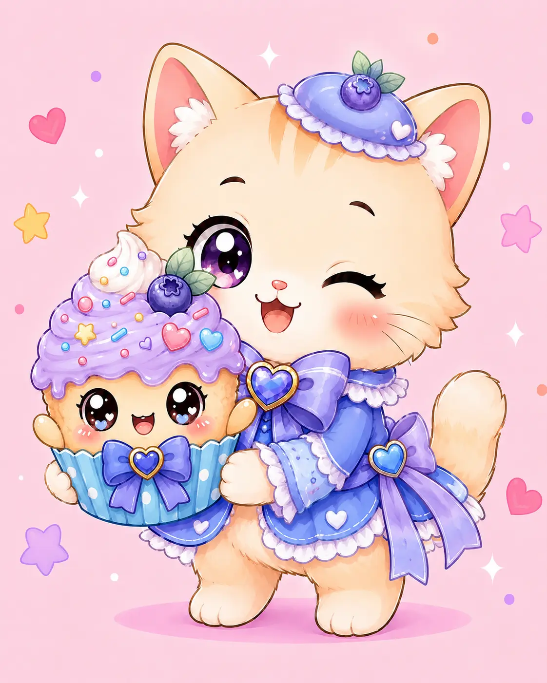 Berry Blue, a cream cat in a blueberry hat holding a blueberry cupcake