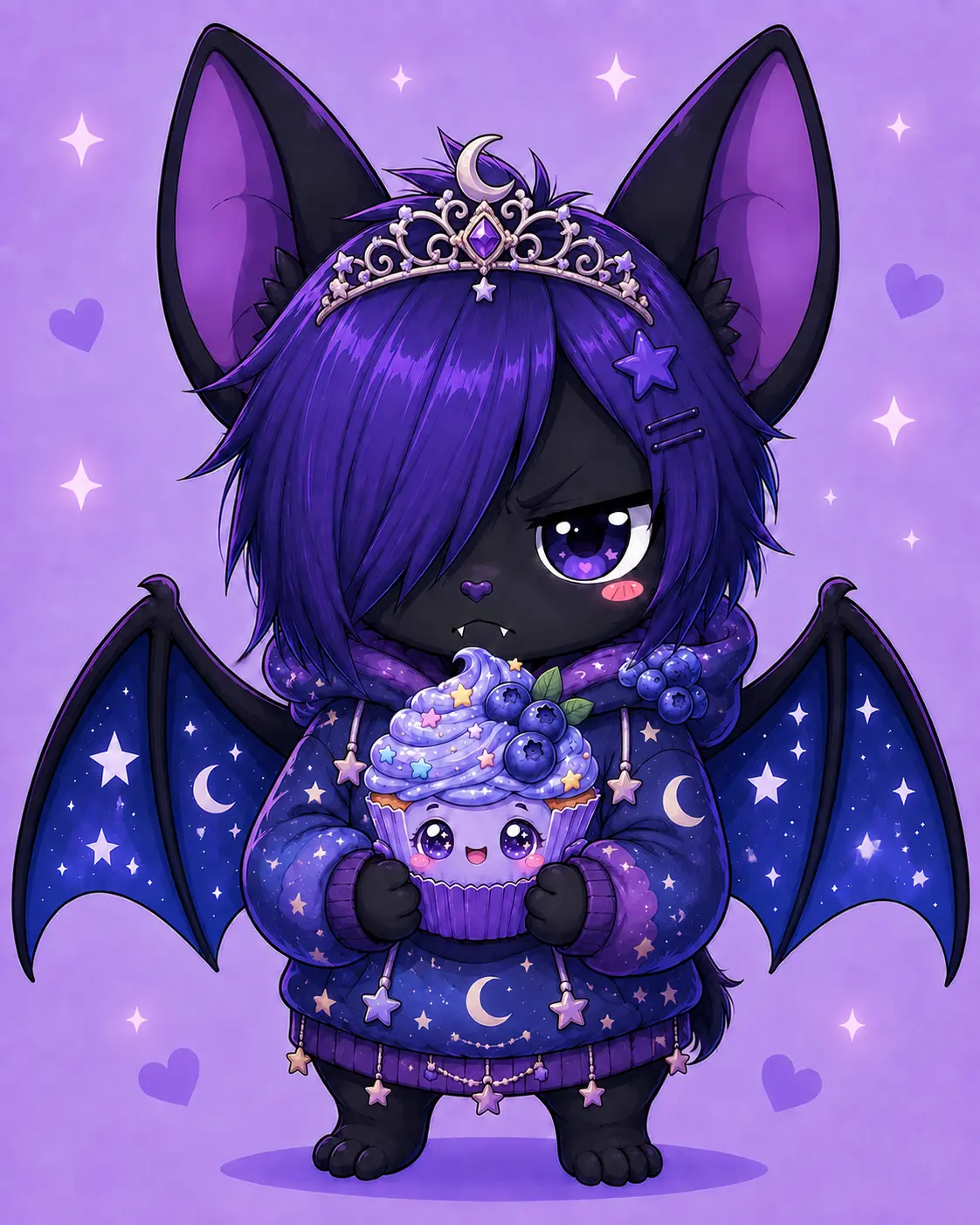 Twilight Dawn, a purple bat in a starry hoodie holding a blueberry cupcake